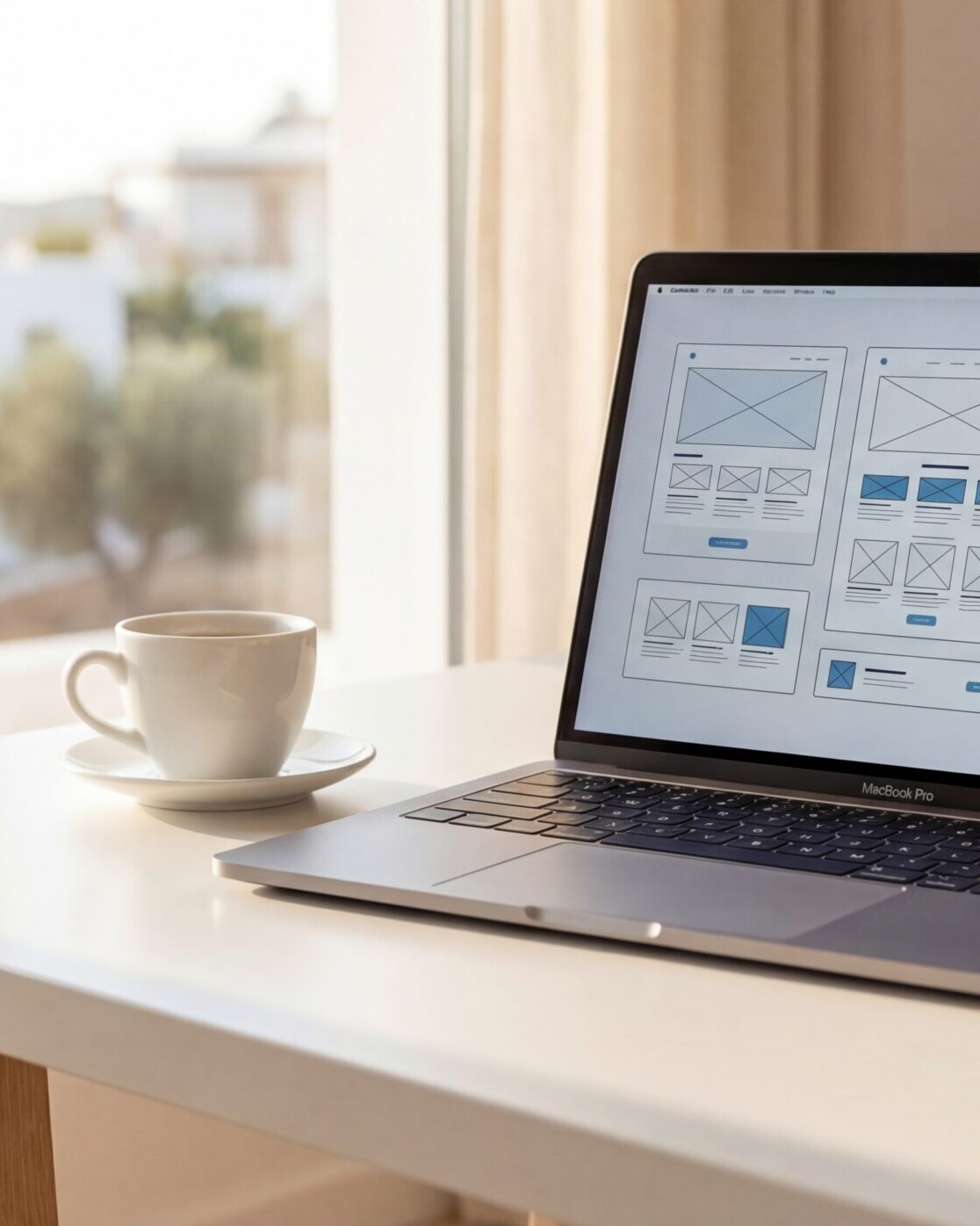 Modern minimalist workspace with laptop displaying website wireframes and design mockups, coffee cup and notepad nearby, warm natural lighting from window, shallow depth of field, professional photography style, clean white desk, Cyprus Mediterranean aesthetic with subtle blue and white color palette, bright and airy atmosphere