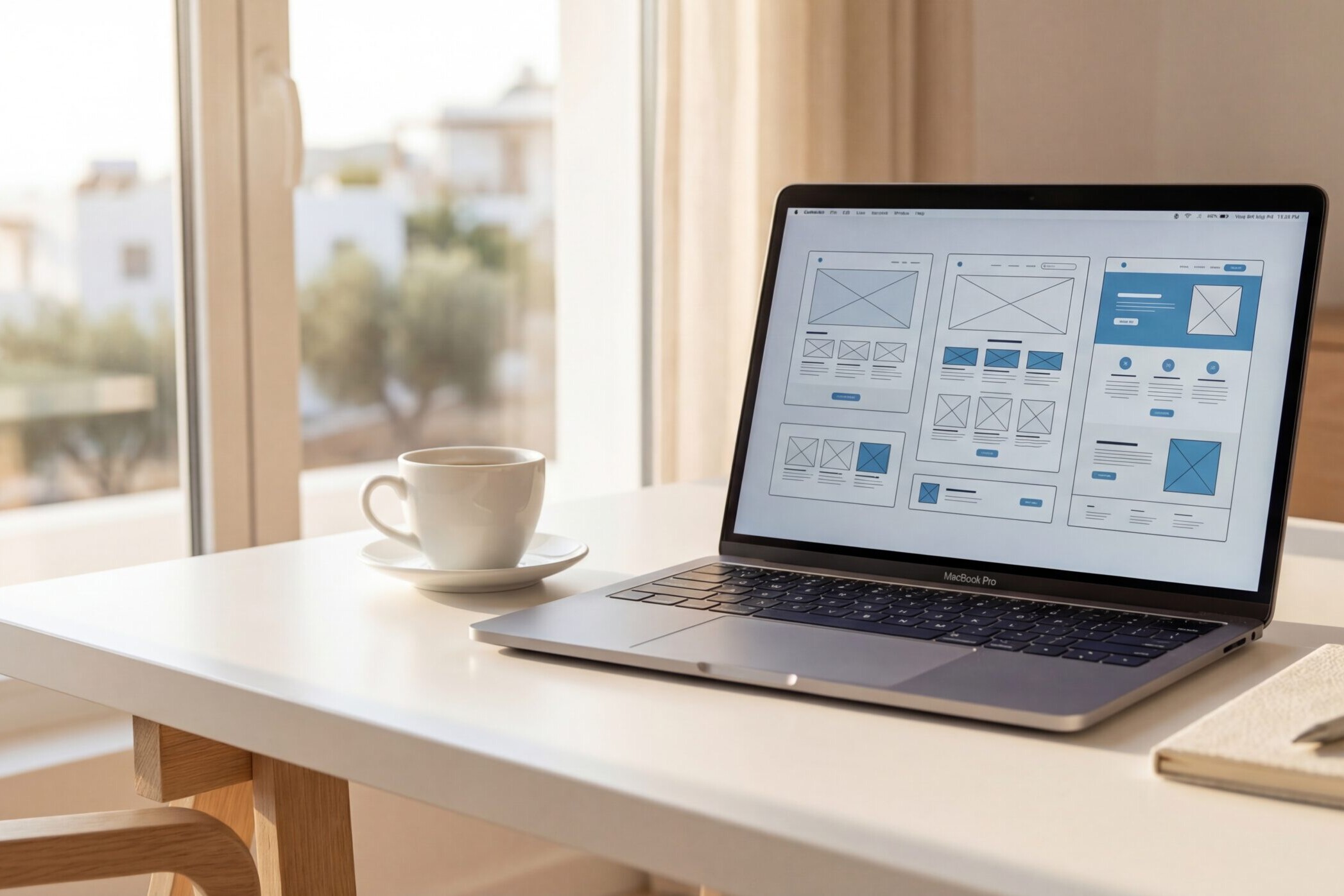 Modern minimalist workspace with laptop displaying website wireframes and design mockups, coffee cup and notepad nearby, warm natural lighting from window, shallow depth of field, professional photography style, clean white desk, Cyprus Mediterranean aesthetic with subtle blue and white color palette, bright and airy atmosphere