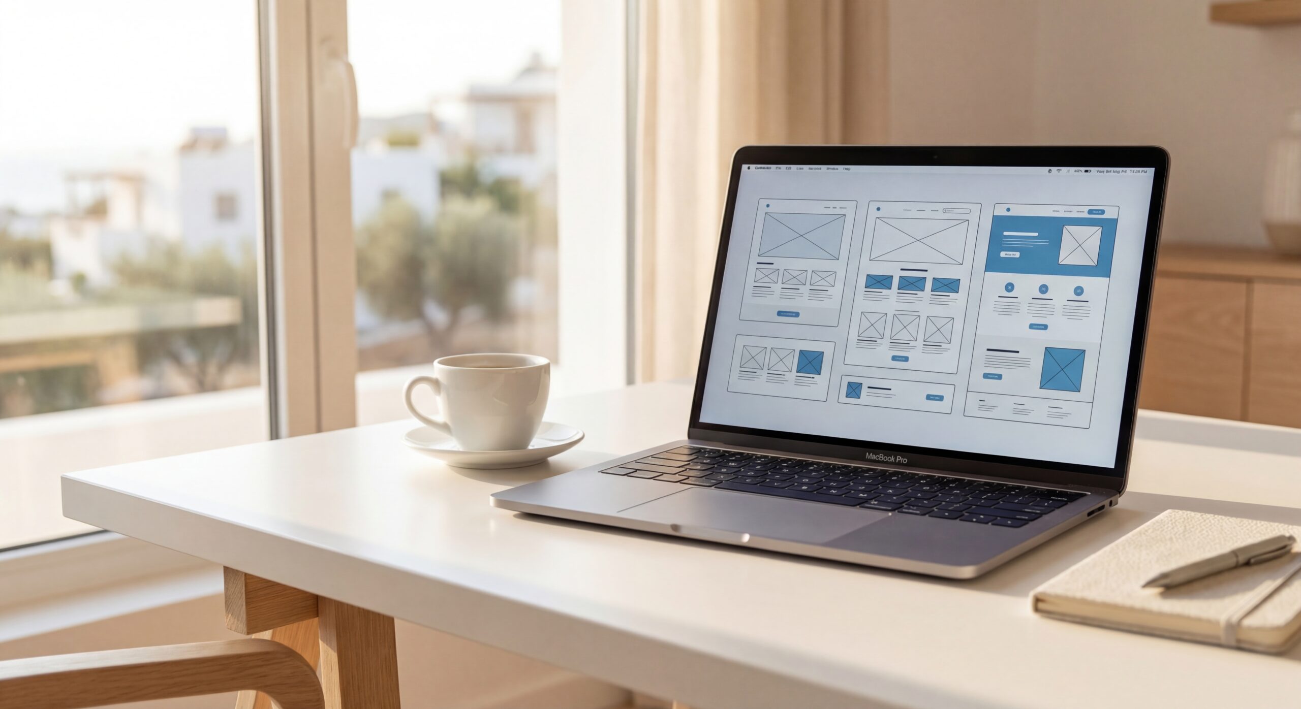 Modern minimalist workspace with laptop displaying website wireframes and design mockups, coffee cup and notepad nearby, warm natural lighting from window, shallow depth of field, professional photography style, clean white desk, Cyprus Mediterranean aesthetic with subtle blue and white color palette, bright and airy atmosphere